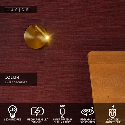 Lucide JOLIJN - Lampe de chevet / Applique mural Rechargeable - Batterie/Piles - Ø 10,2 cm - LED - 1x2W 3000K - Magnétique - Or Mat / Laiton